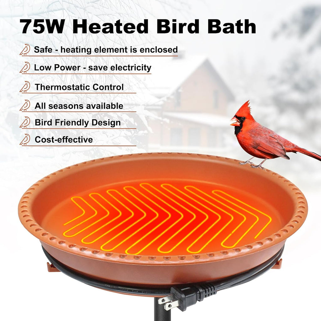 Heated Bird Bath, Stable 5-Prong Metal Base Thermostat Control Weather Resistance All Seasons Available 75W Heated