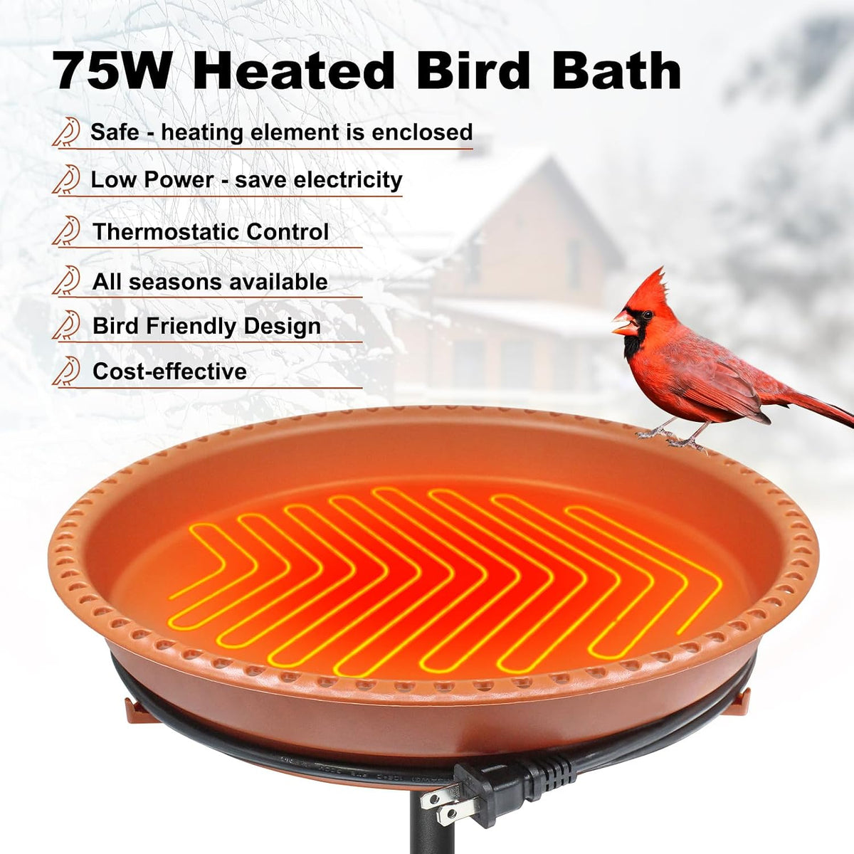 Heated Bird Bath, Stable 5-Prong Metal Base Thermostat Control Weather Resistance All Seasons Available 75W Heated