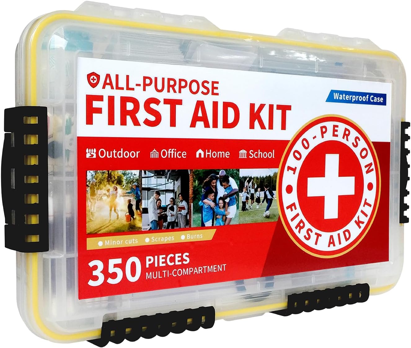 350-Piece All-Purpose 100-Person Emergency First Aid Kit – Waterproof Plastic Case | Clearly Organized for Fast