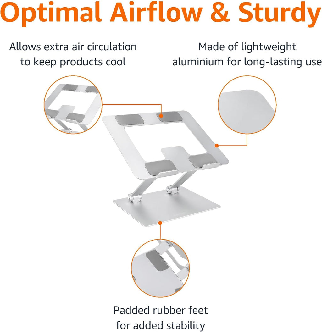 Sturdy and Portable Ergonomic Laptop Stand for Desk, Height Adjustable Riser with Ventilated Cooling, Foldable, Fits
