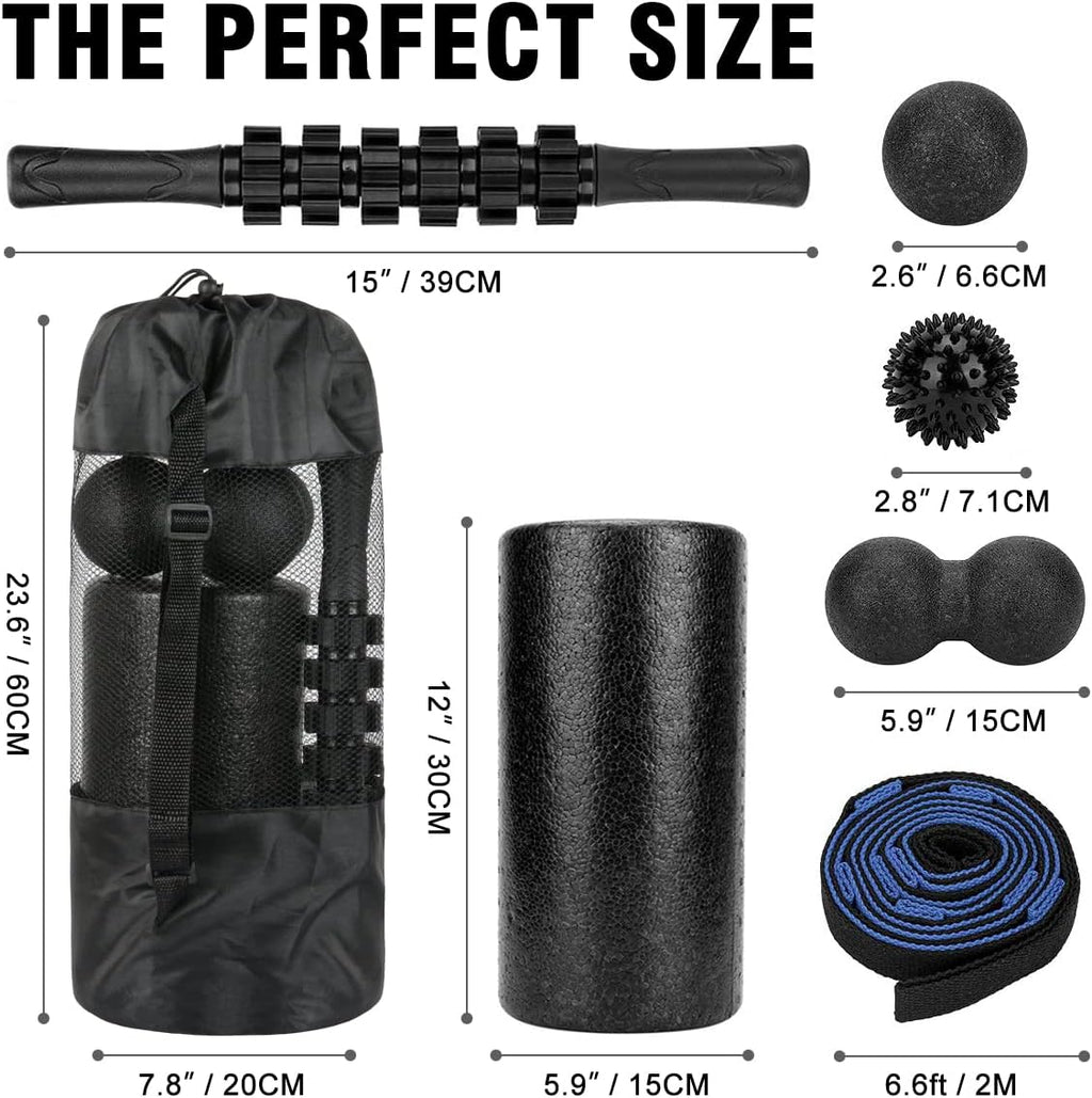 Foam Roller Set - High Density Back Roller, Muscle Roller Stick | Foot Fasciitis Ball, Stretching Strap, Massager