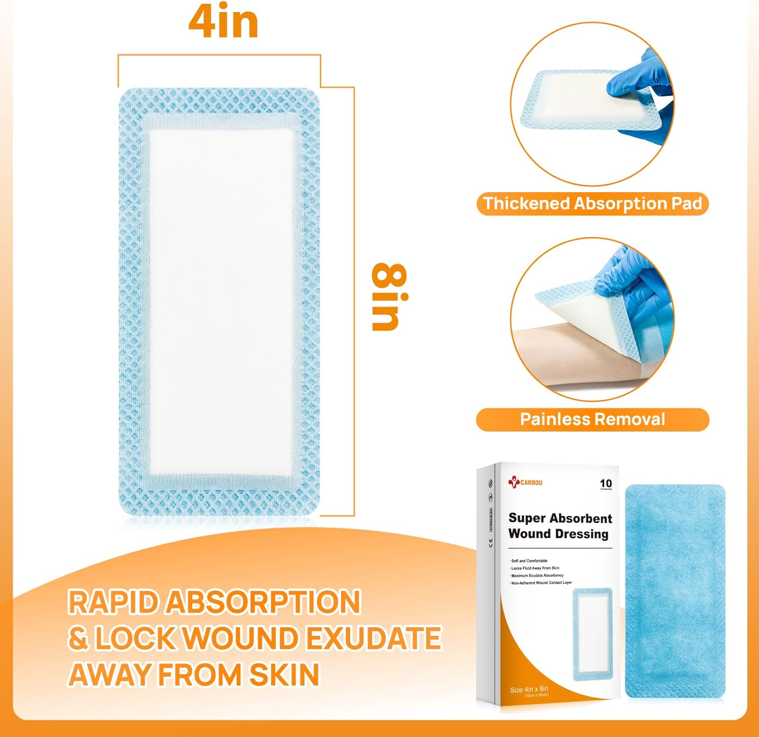 Super Absorbent Wound Dressing Pads 4"x 8", 10 Individual Pack, Non Adhesive Absorbent Bandages for Wound Care, Soft