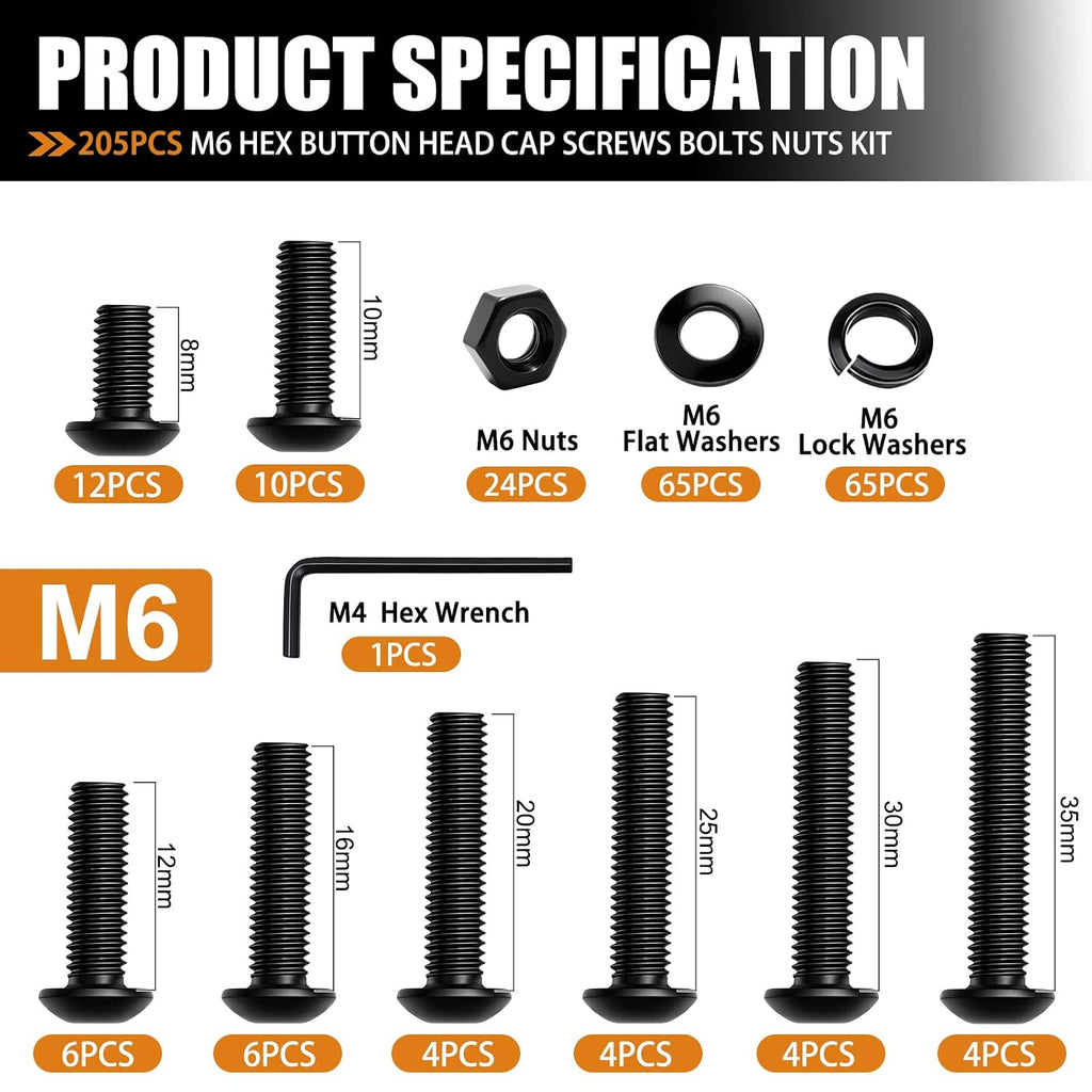 mankk 205PCS M6 Bolt Assortment Kit Button Head Hex Socket Cap Screws