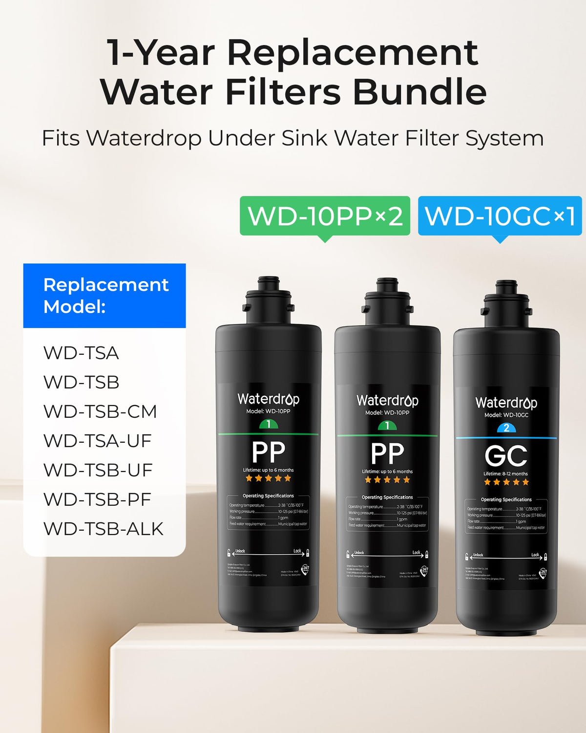 Waterdrop 2PPGC Replacement Water Filter for TSA & TSB & TSA-UF & TSB-ALK