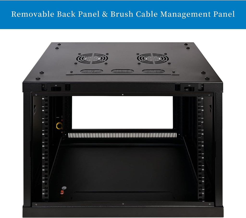 RackPath 9U Professional Wall Mount Server Cabinet Network Rack Enclosure with 2X Quiet Cooling Fan, 1x Brush Cable Management Panel, Black