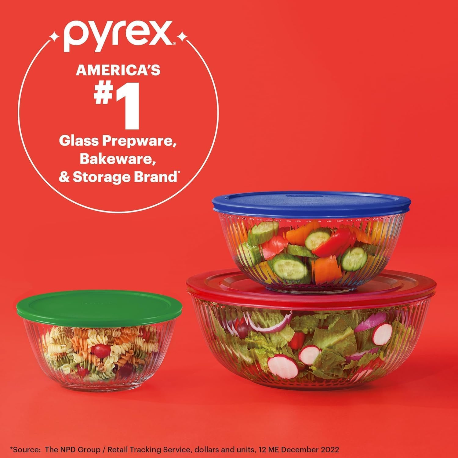 Sculpted (3-Pack) Glass Mixing Bowls Set With Plastic Lids For Prepping, Baking and Cooking, Preheated Oven