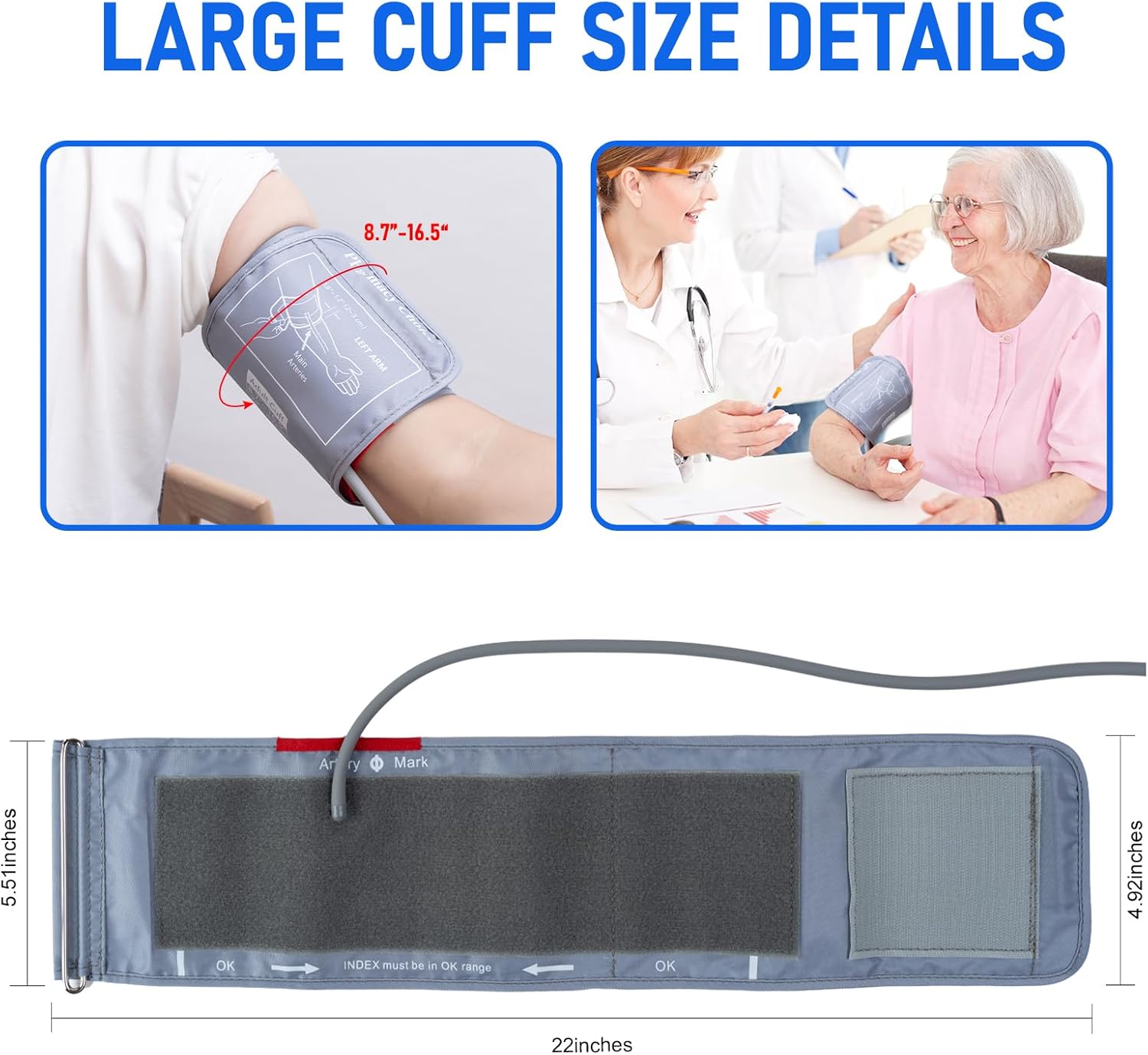 Large Blood Pressure Cuff, Adult Cuff, Compatible with Most Monitors, ARM Blood Pressure Replacement Cuff with 8