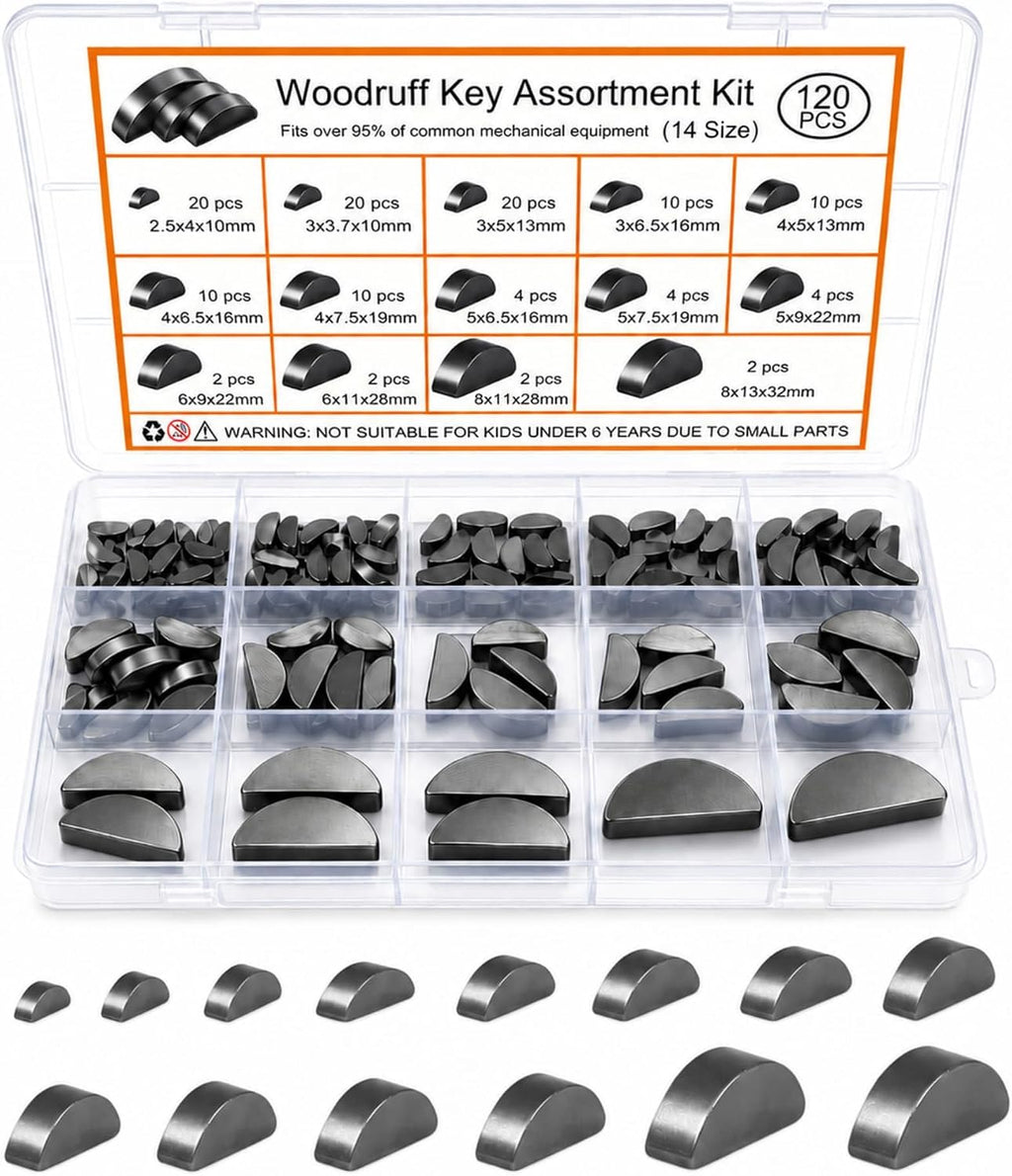 120 PCS Metric Woodruff Key Assortment Kit, 14 Sizes Carbon Steel