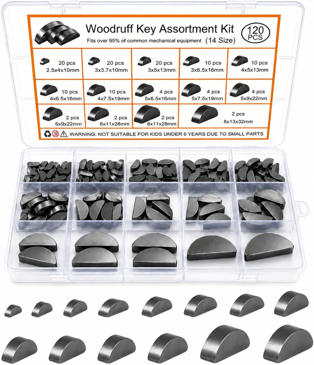 120 PCS Metric Woodruff Key Assortment Kit, 14 Sizes Carbon Steel