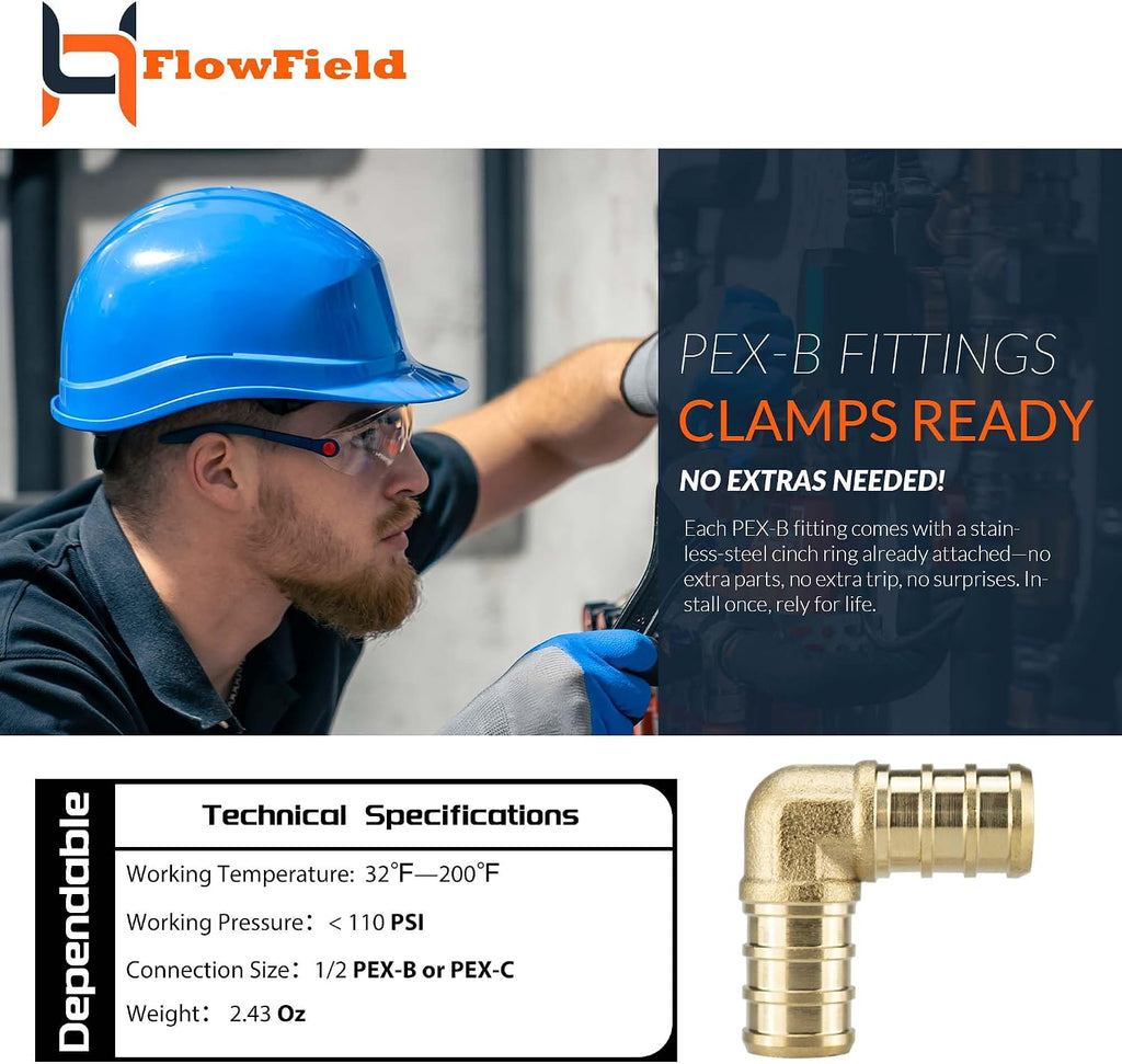 FlowField 1/2 Pex-B Brass Fittings Drop Ear Elbow, Tee, Coupling, Set, for PEX Piple Plumbing (1/2 Elbow, 30)