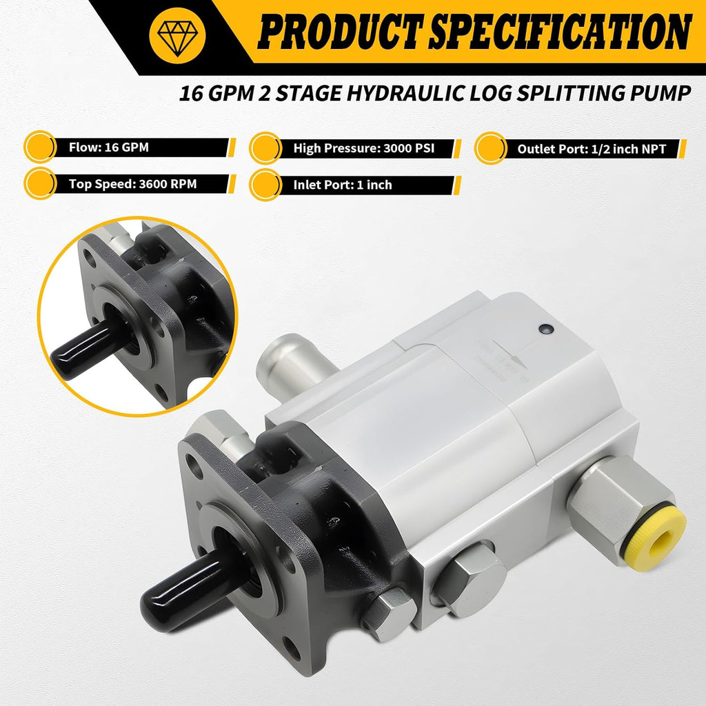 16GPM 2 Stage Hydraulic Log Splitter Pump 3000 PSI Aluminum Gear