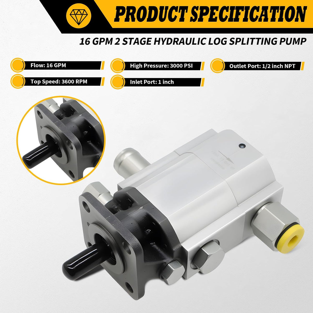 16GPM 2 Stage Hydraulic Log Splitter Pump 3000 PSI Aluminum Gear