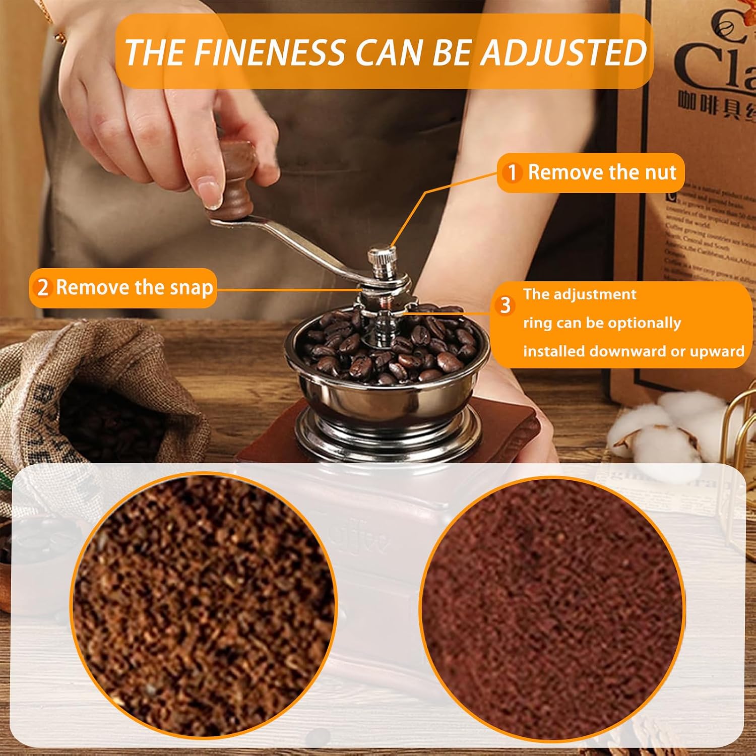 Retro style wooden handcrafted coffee grinder, ceramic hand-cranked crank, wooden handcrafted coffee grinder cleaning