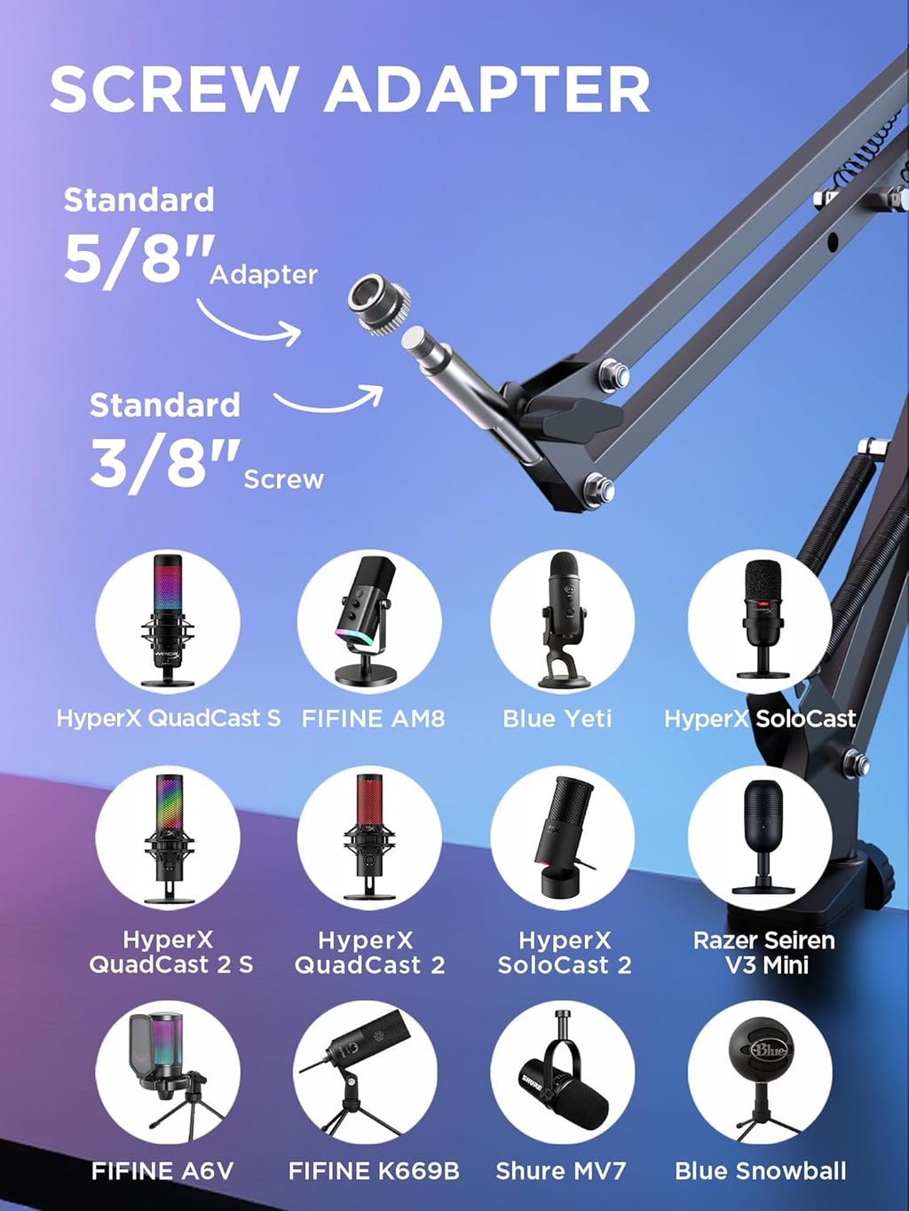 Boom Arm Microphone Mic Stand for Blue Yeti Fifine HyperX, Black | Desk Mount, Desktop Stands, Adjustable Reach
