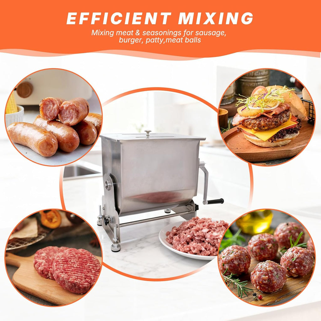 Hakka Commerical Meat Mixer, Stainless Steel 10L Tilt Tank Manual Meat Mixer for Sausage (Mixing Max.15lb/7.5L for Meat)