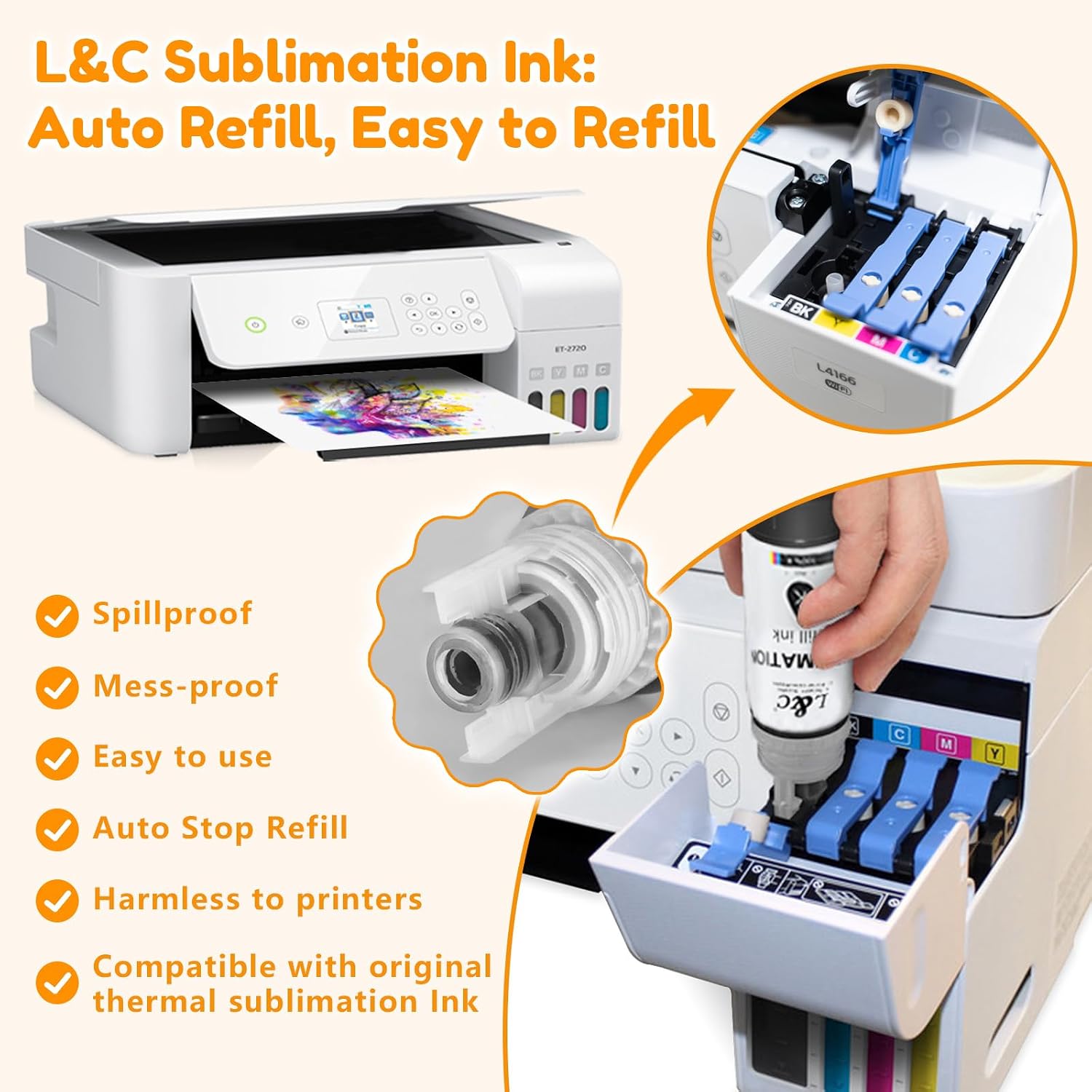 Sublimation Ink Refill Bottles Auto Refill Compatible for ET2400 ET2720 ET4800 ET-2803 ET-2800 ET-2840 ET-4700