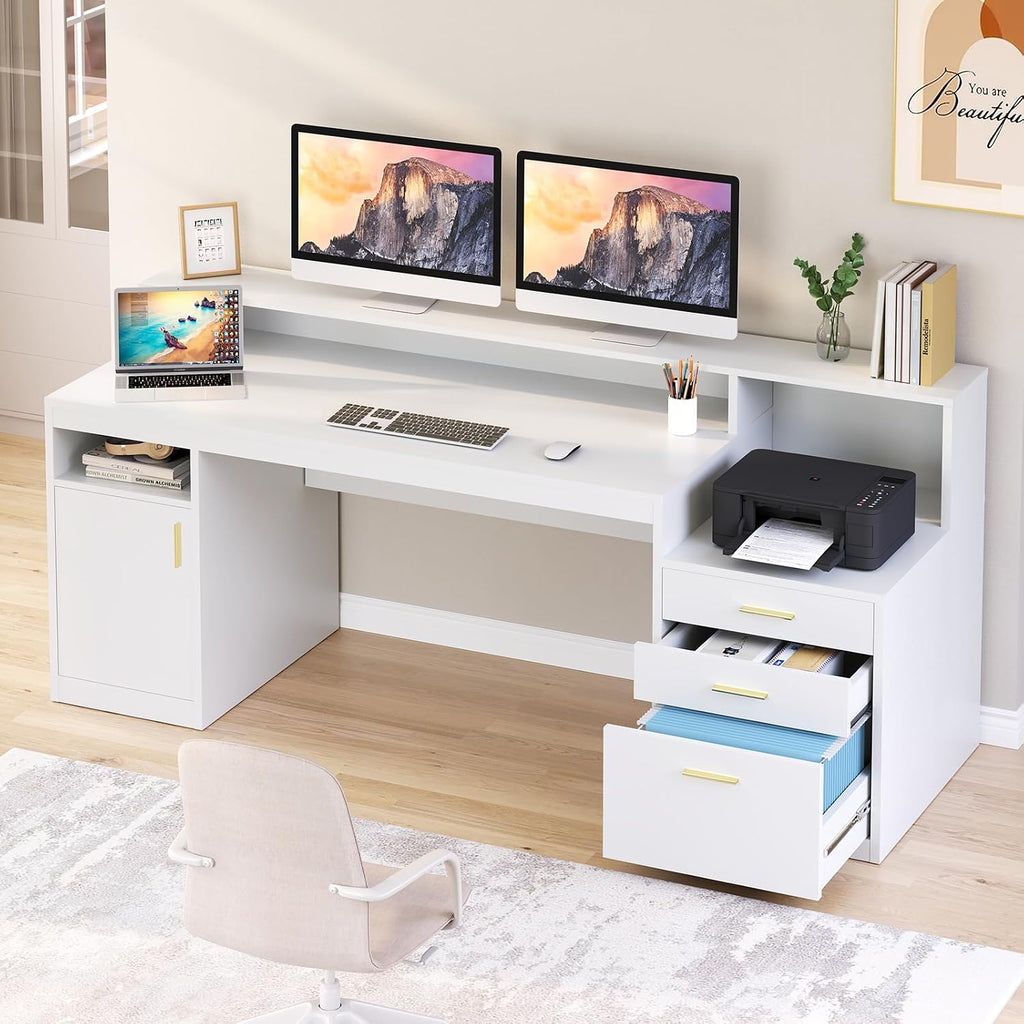 Computer Desk with 3 Drawer & Storage Shelves, Home Office Desk with File Drawer & Cabinet, Writing Study Table with