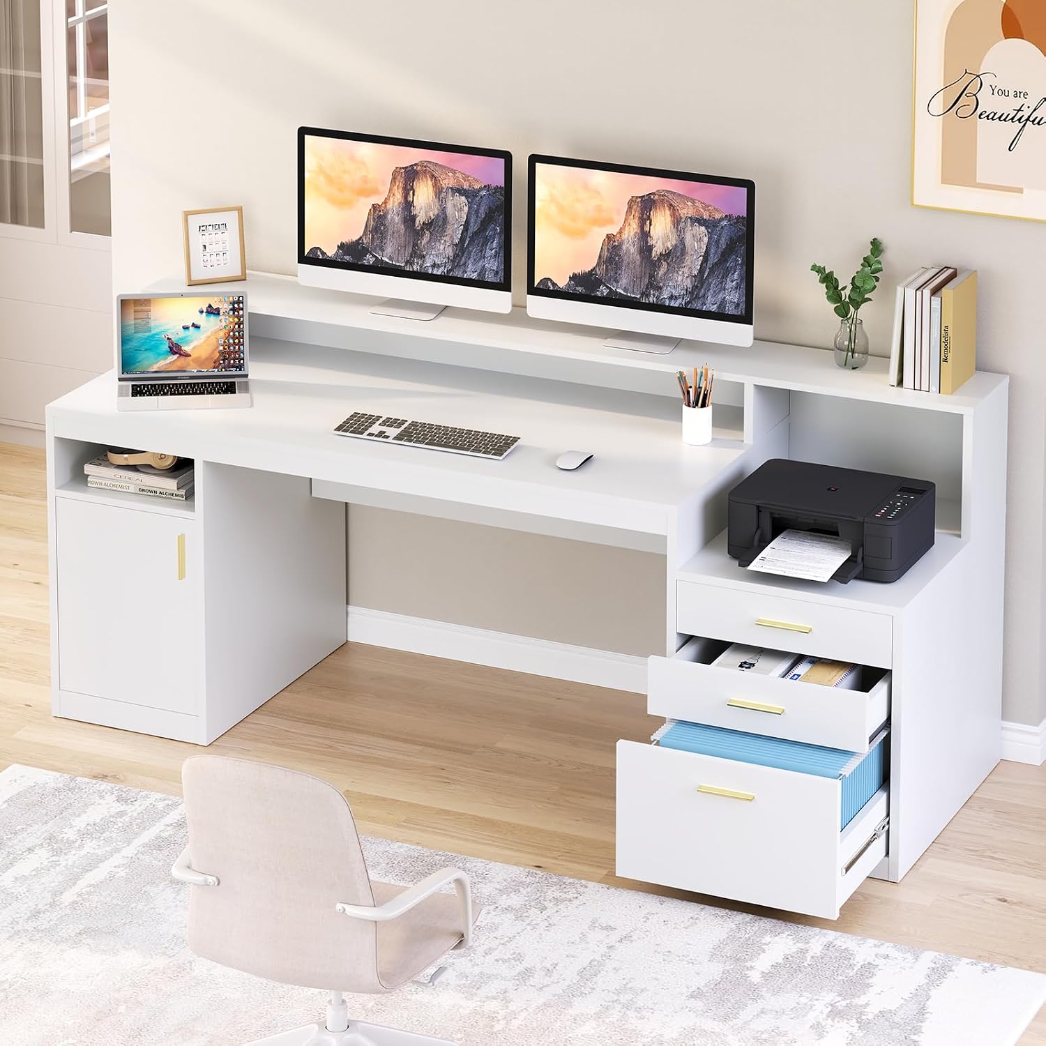 Computer Desk with 3 Drawer & Storage Shelves, Home Office Desk with File Drawer & Cabinet, Writing Study Table with