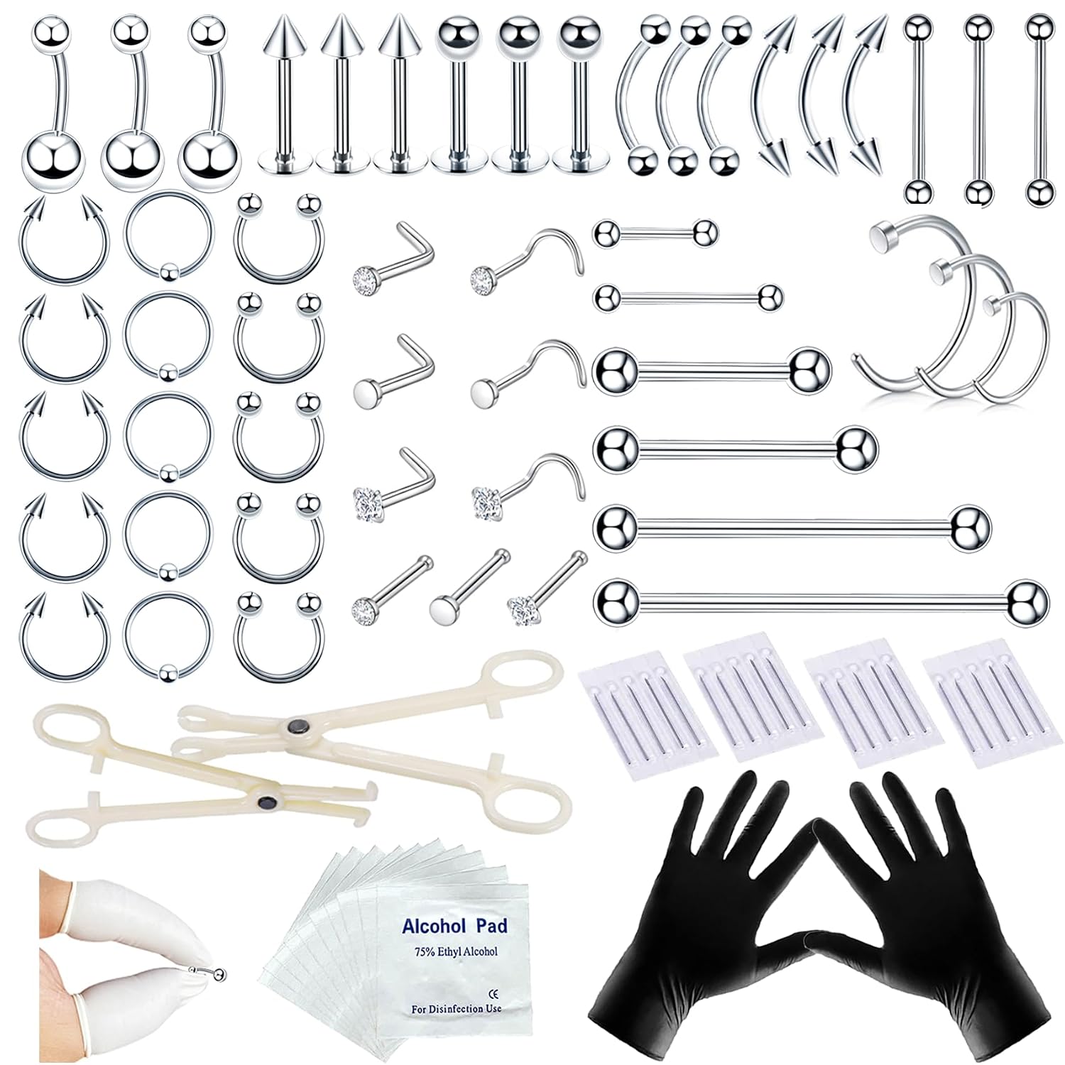 80PCS Nose Piercing Kit: Stainless Steel Body Piercing Jewelry with 12G, 14G, 16G, 20G Needles for Ear, Nose, Lip