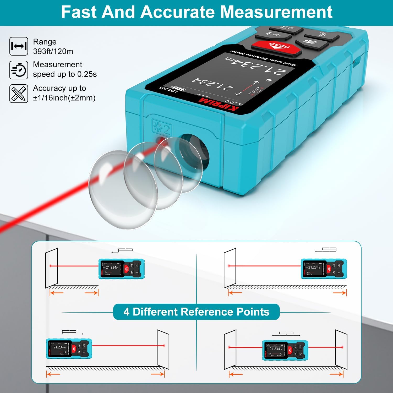 393ft Dual Laser Distance Measuring Tool LD120S, 120m Total Range, Electronic Level, Precise Measurements, and