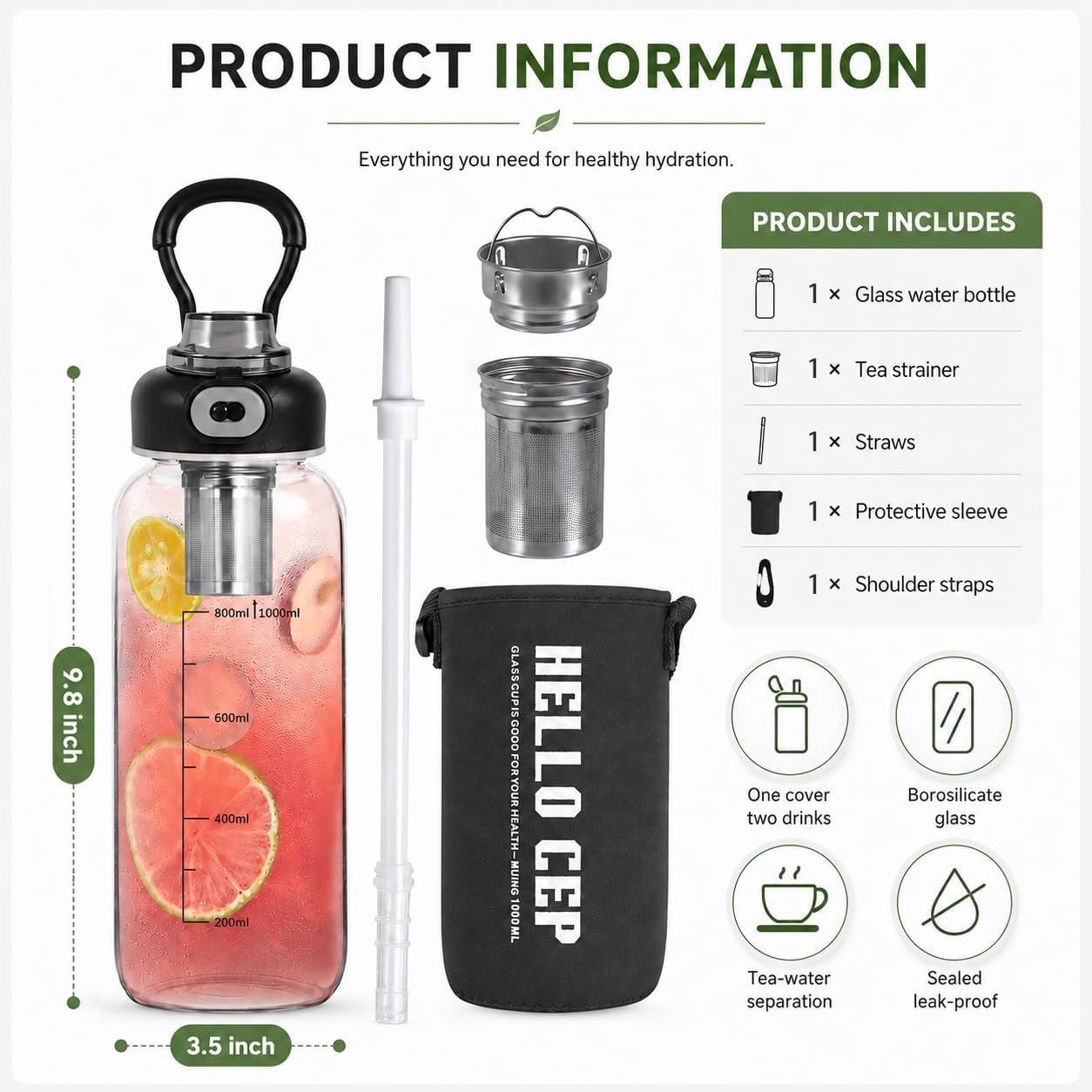 34oz Glass Water Bottle with Straw, Infuser & Protective Sleeve, BPA-Free Large Capacity drinking bottles for Hot or