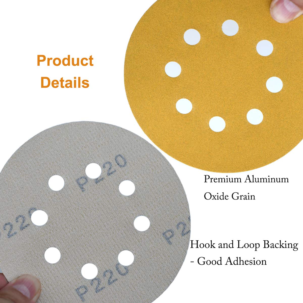 5-Inch 8-Hole Hook and Loop Sanding Discs 220-Grit, 50-Pack