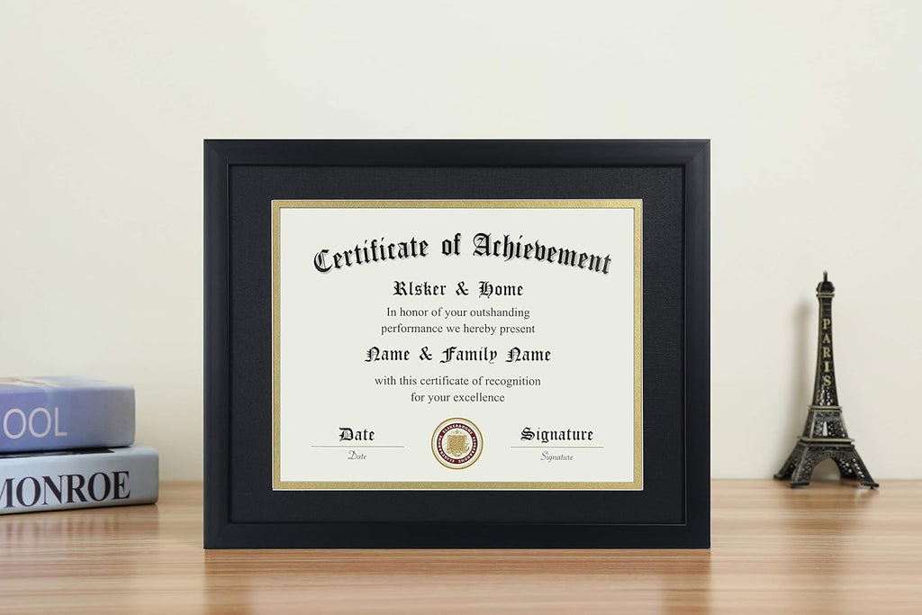 8.5x11 Certificate Frame Black with Black Mat Gold Rim | Displays Diploma 8.5x11 Inch with Mat - 11x14 Inch Without