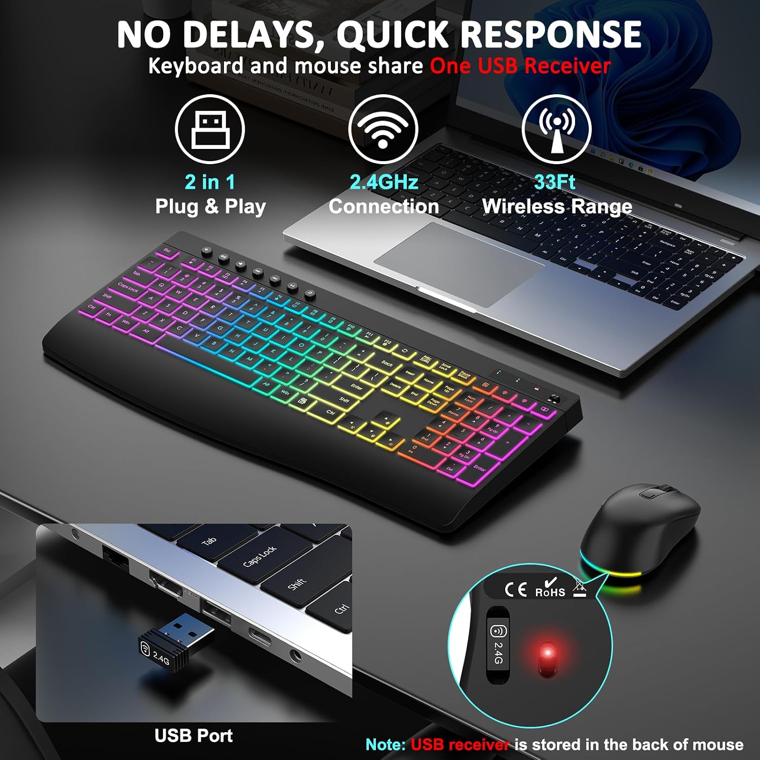 Wireless Keyboard and Mouse Combo, 9 Backlit Effects, 4000mAh Rechargeable Backlit Keyboard with Wrist Rest, 6 Button