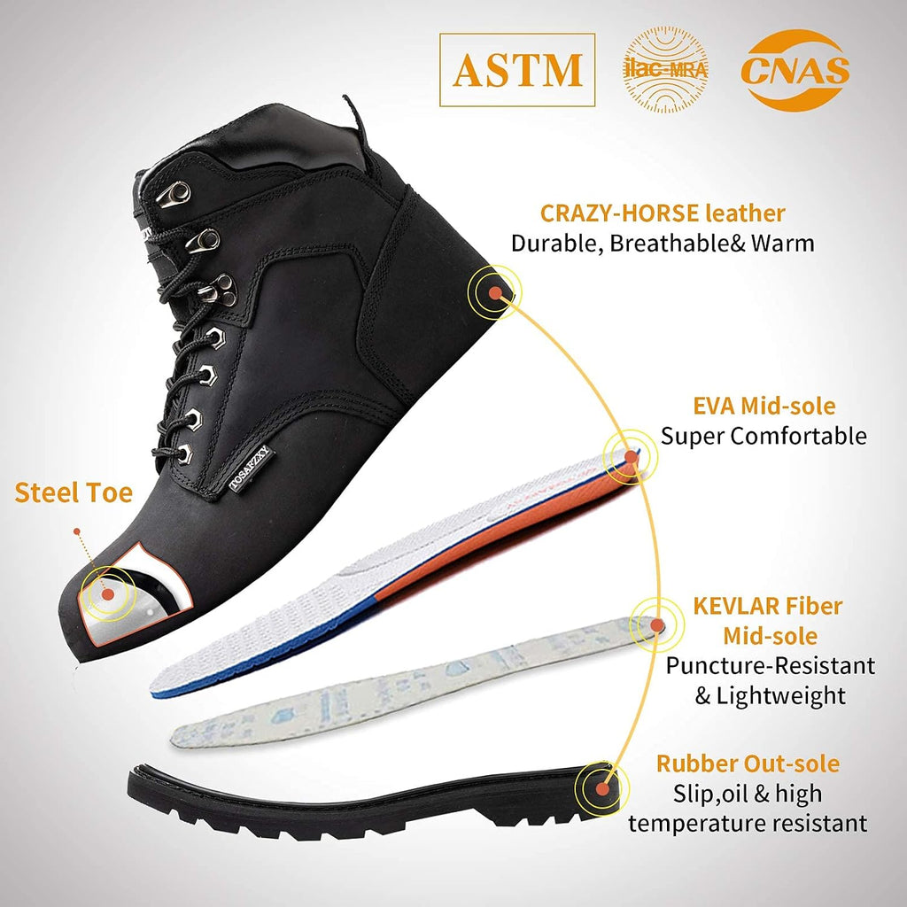 Work Safety Boots for Men Durable Crazy-Horse Leather Indestructible Steel Toe Waterproof and Non-Slip Better Warmth