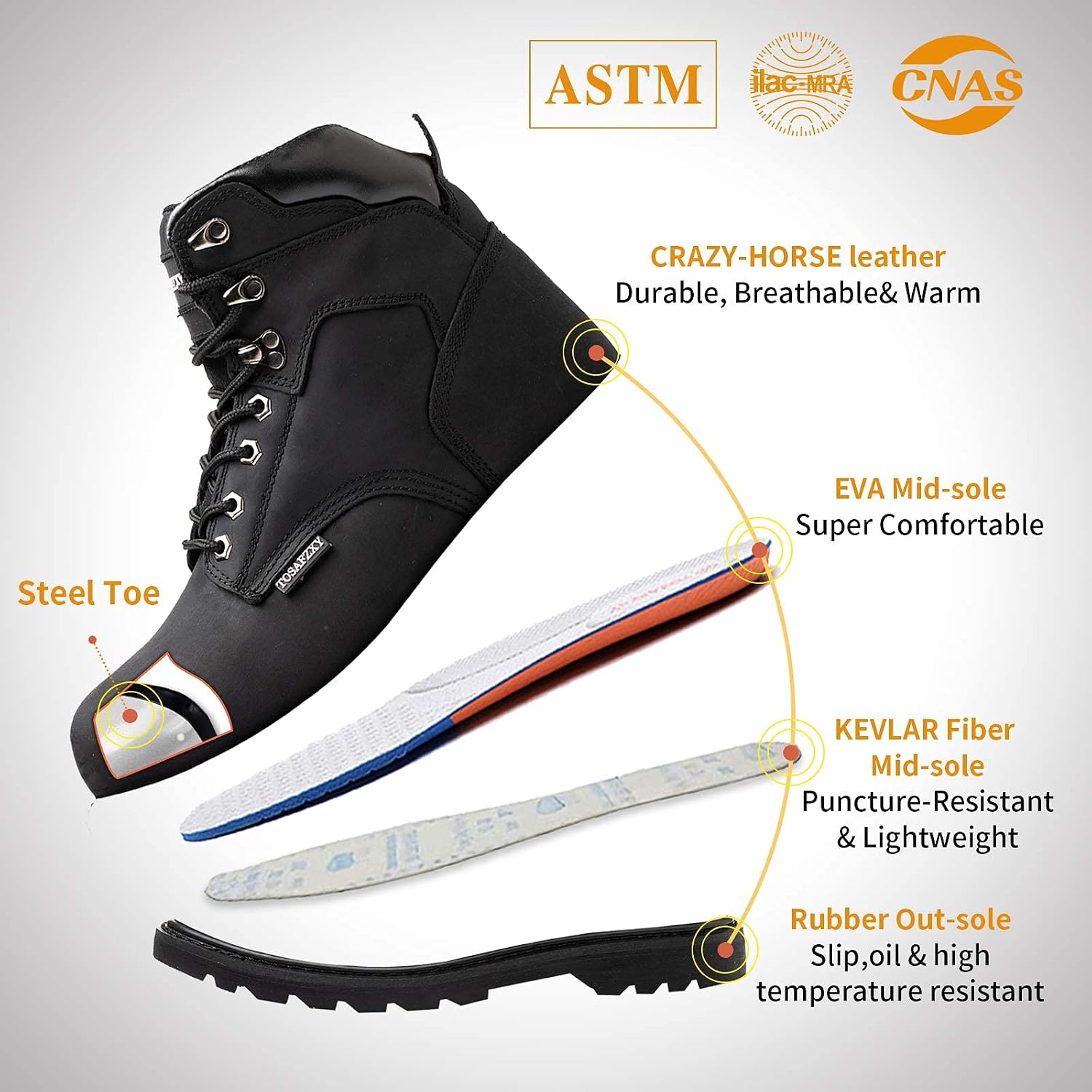 Work Safety Boots for Men Durable Crazy-Horse Leather Indestructible Steel Toe Waterproof and Non-Slip Better Warmth