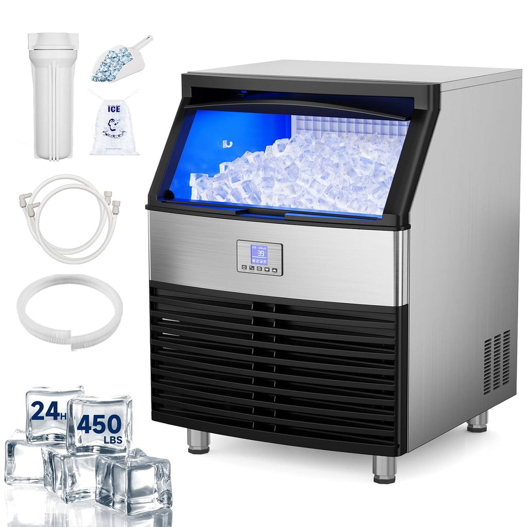 Commercial Ice Maker Machine, 450lbs/24H ice Machine, 120Lbs Storage