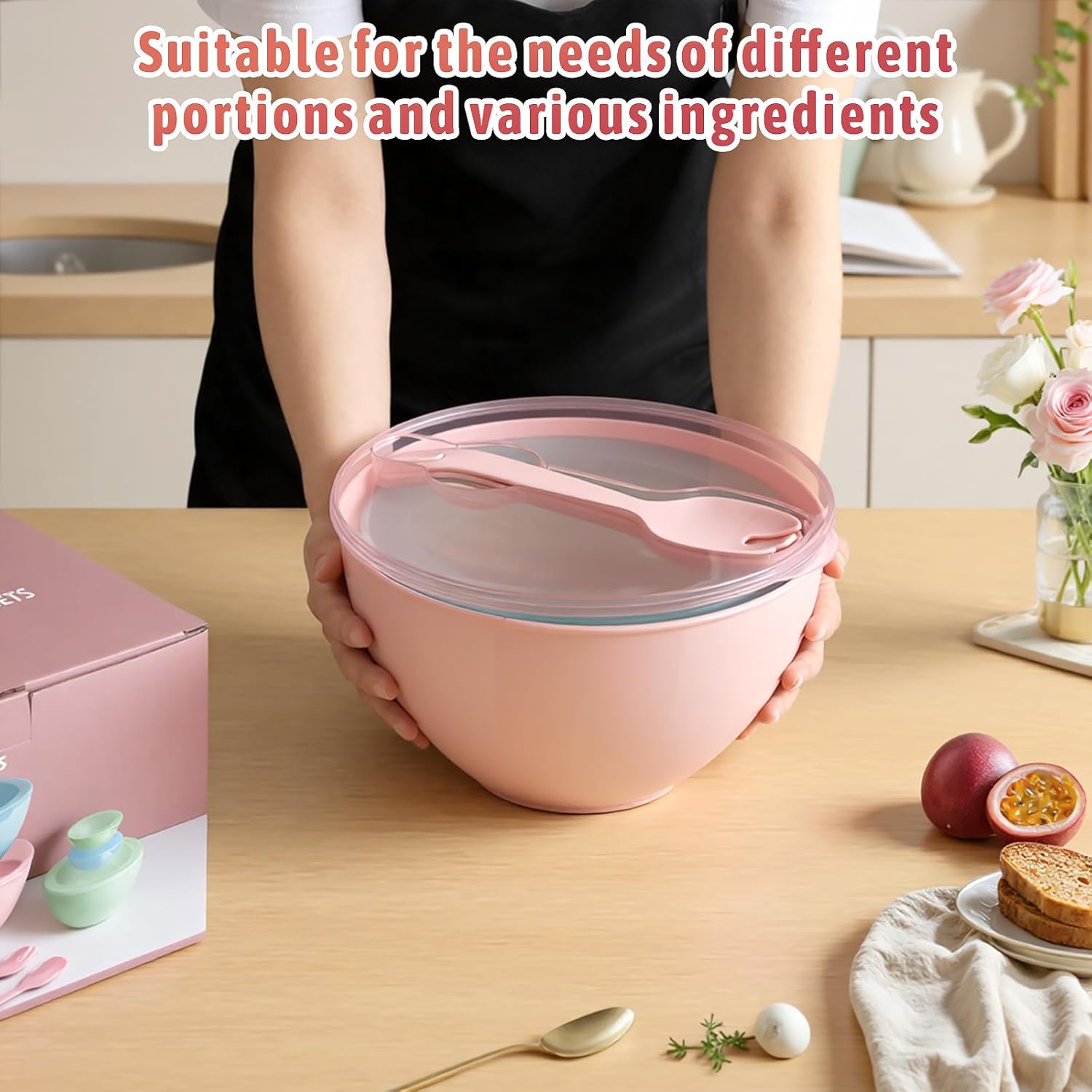 16 Piece Plastic Mixing Bowls with Lids Set - Nesting Bowls Set includes 8 Prep Bowls and 8 Lids, 2-in-1 Spoon-Fork
