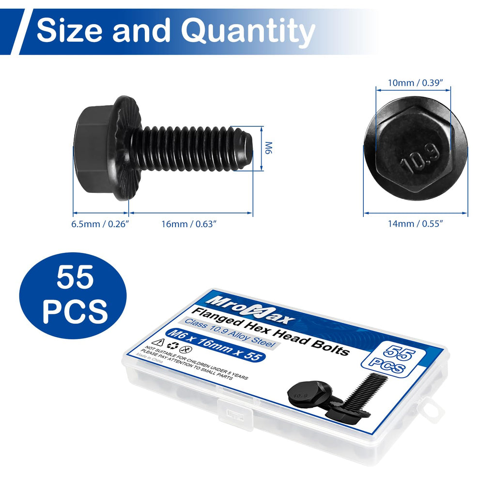 M6-1.0 x 16mm Flanged Hex Head Bolts, 55Pcs Serrated Flange Bolt