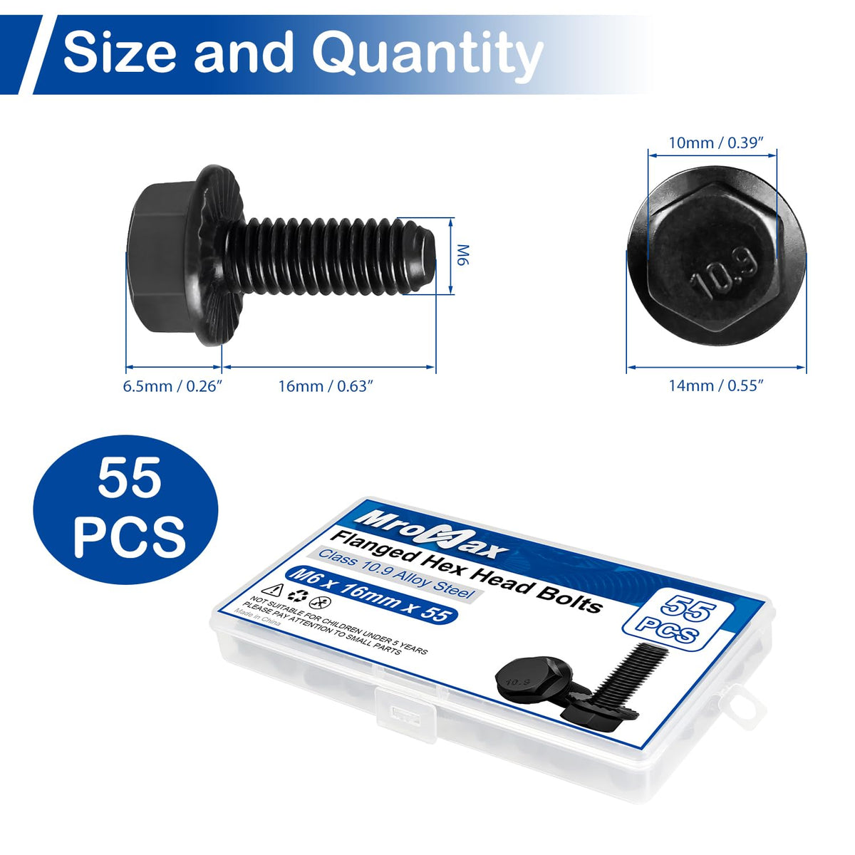 M6-1.0 x 16mm Flanged Hex Head Bolts, 55Pcs Serrated Flange Bolt