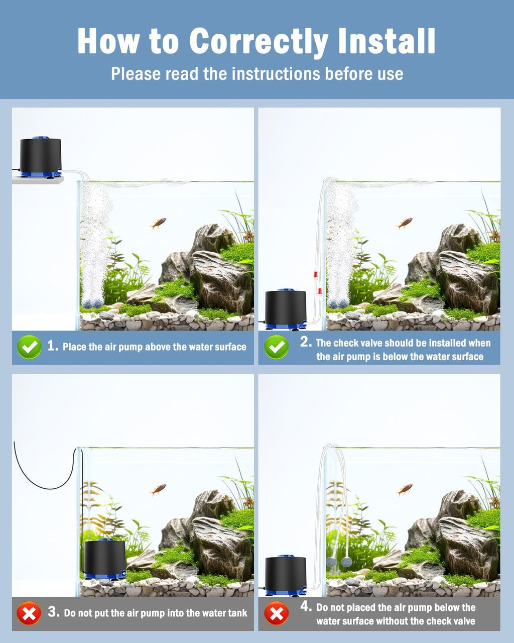 Aquarium Air Pump, 3W Powerful Dual Outlet Adjustable Oxygen Aerator | Quiet Operation, Stainless Steel Outlet Fish