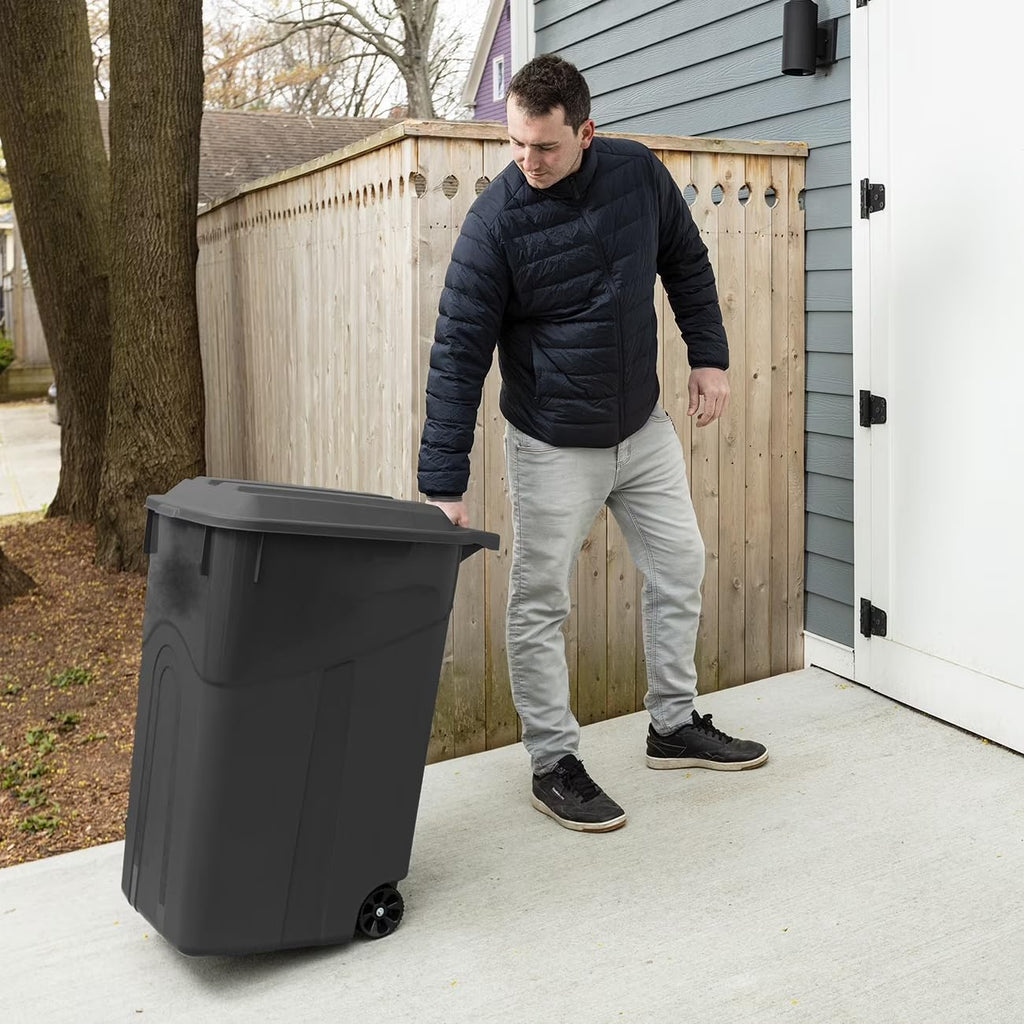 45 Gal Wheeled Garbage Can Heavy Duty, Locking Lid Outdoor Trash Bin Black | Tough polypropylene Garbage Can. Rugged