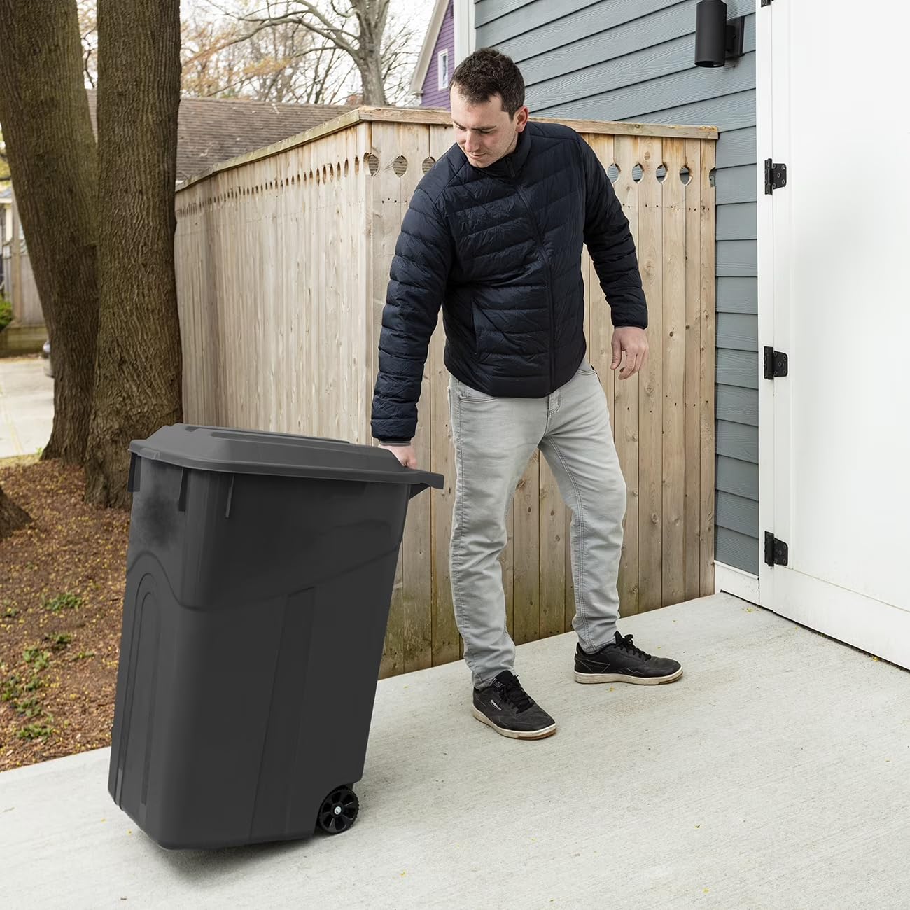 45 Gal Wheeled Garbage Can Heavy Duty, Locking Lid Outdoor Trash Bin Black | Tough polypropylene Garbage Can. Rugged
