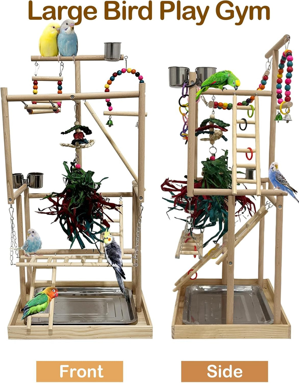4-Tier Large Wooden Bird Playground with Trays Cups Ladder - Parrot Playstand, Birds Play Stand, Wood Perch Gym for