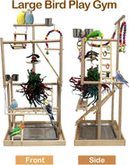 4-Tier Large Wooden Bird Playground with Trays Cups Ladder - Parrot Playstand, Birds Play Stand, Wood Perch Gym for