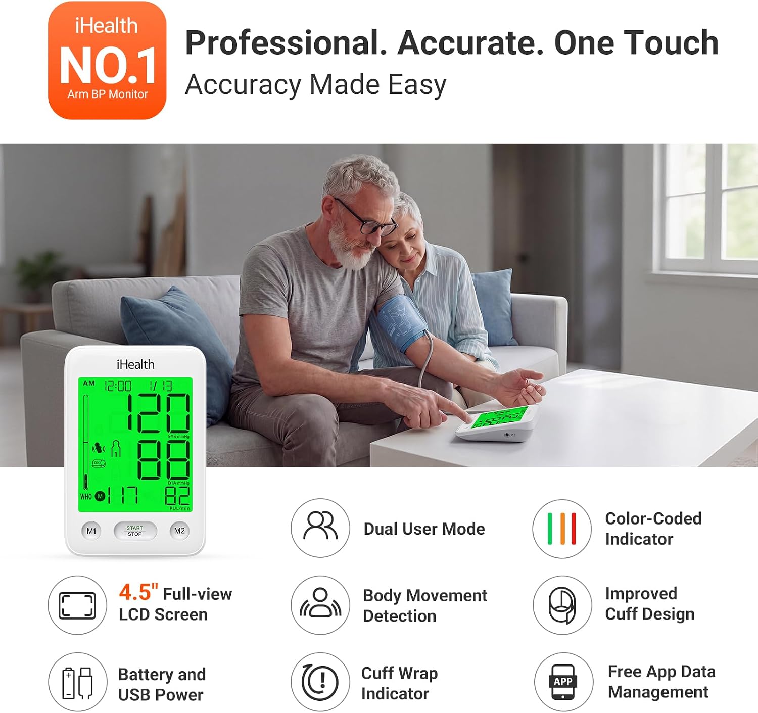 Accu Luminate Blood Pressure Monitor – 4.5" Tri-Color WHO-Based LCD(White), Clinically Accurate, Irregular Heartbeat