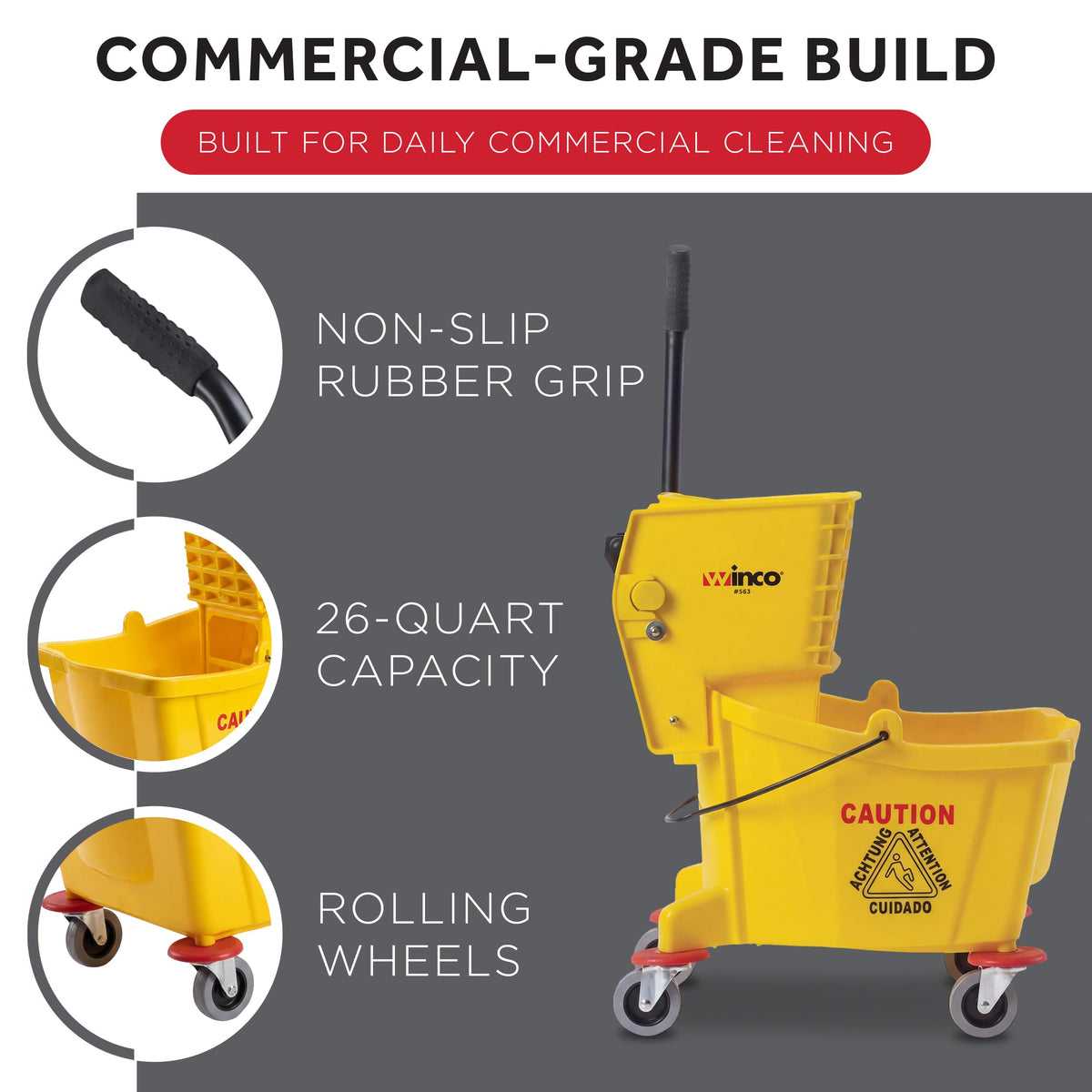 26 qt Yellow Commercial Plastic Mop Bucket on Wheels