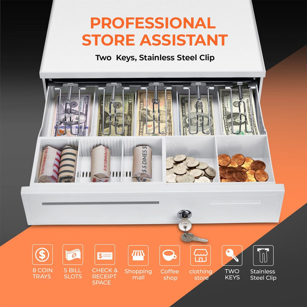 White Cash Register Drawer 16" White 5 Bill 5 Coin RJ11 RJ12 | Wide drawer with removable coin tray and 2 key-lock