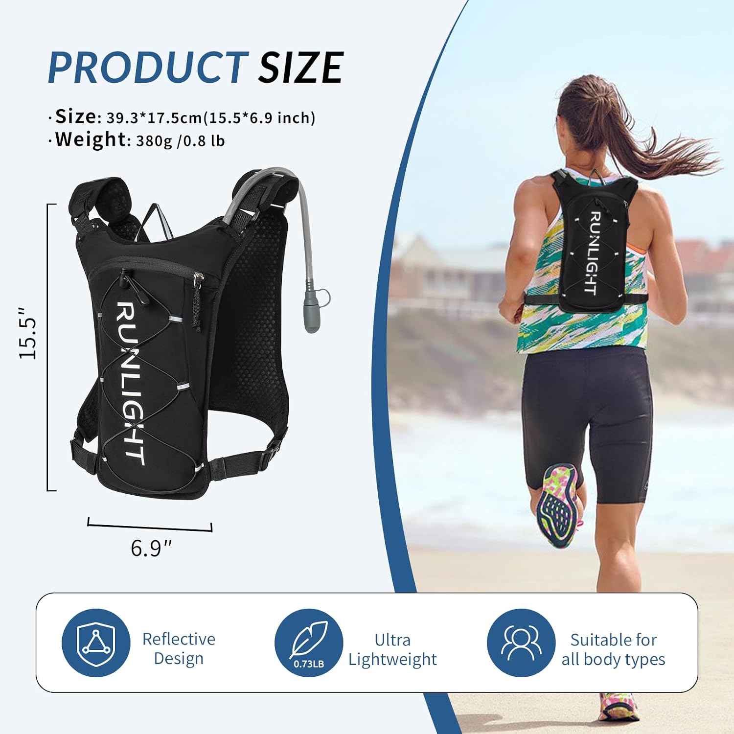 Running Vest,Lightweight Adjustable Chest Pack with Pistol Holster, Pack with 1.5L Water Bladder, Reflective Running