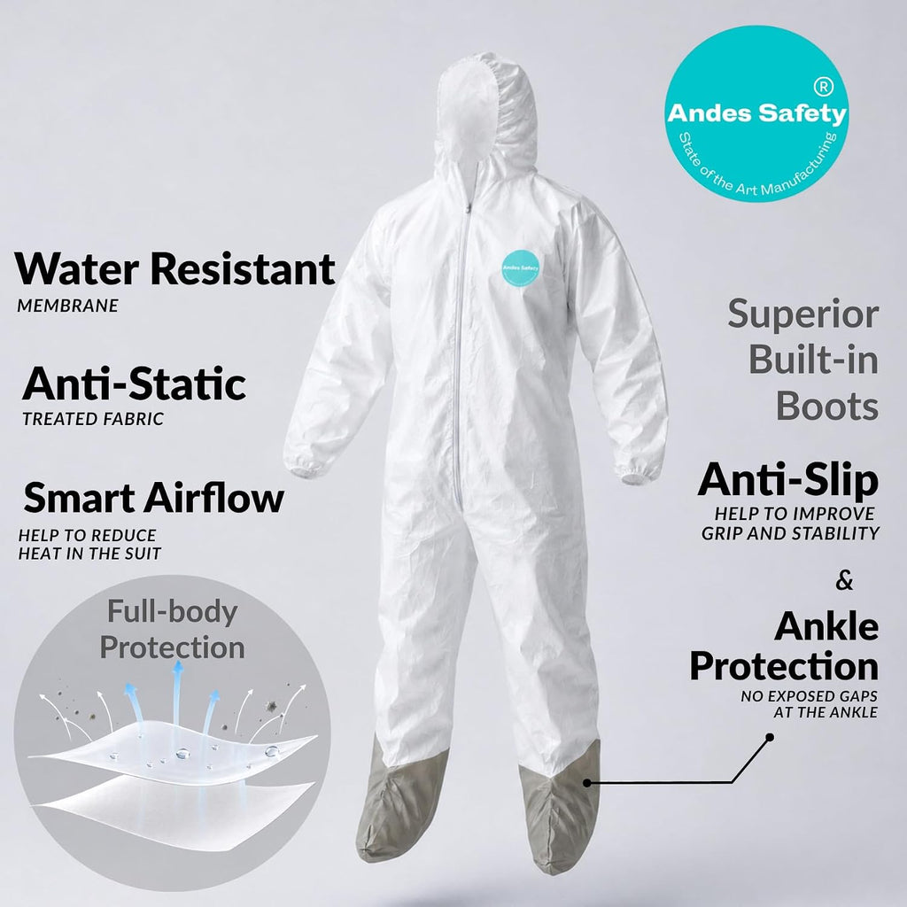 Andes Hazmat Suits, Protective Coveralls with Attached Boots, Heavy Duty Full Body Disposable Painters Suits, Lab