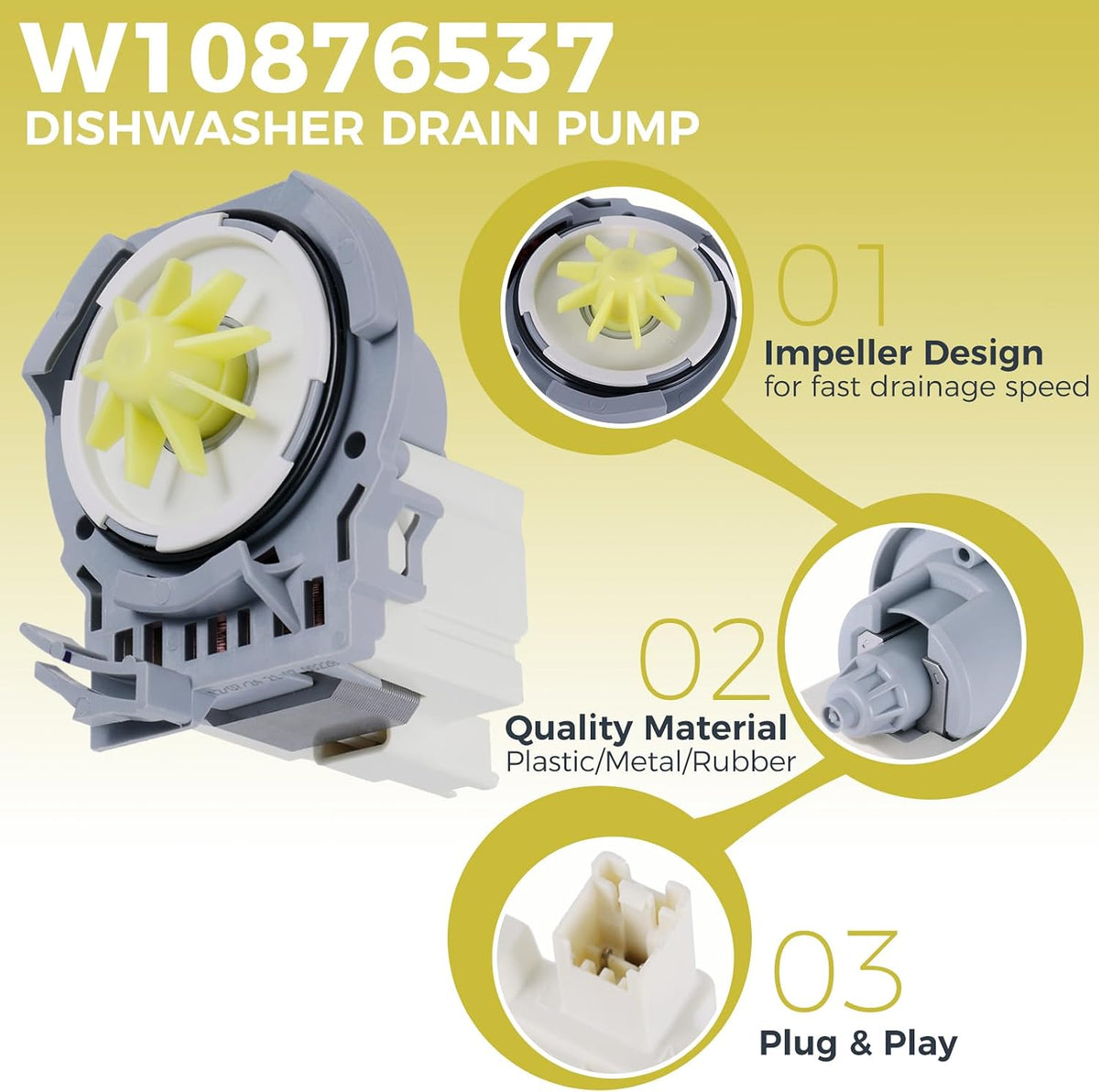 W10876537 Dishwasher Drain Pump Replacement for Whirlpool