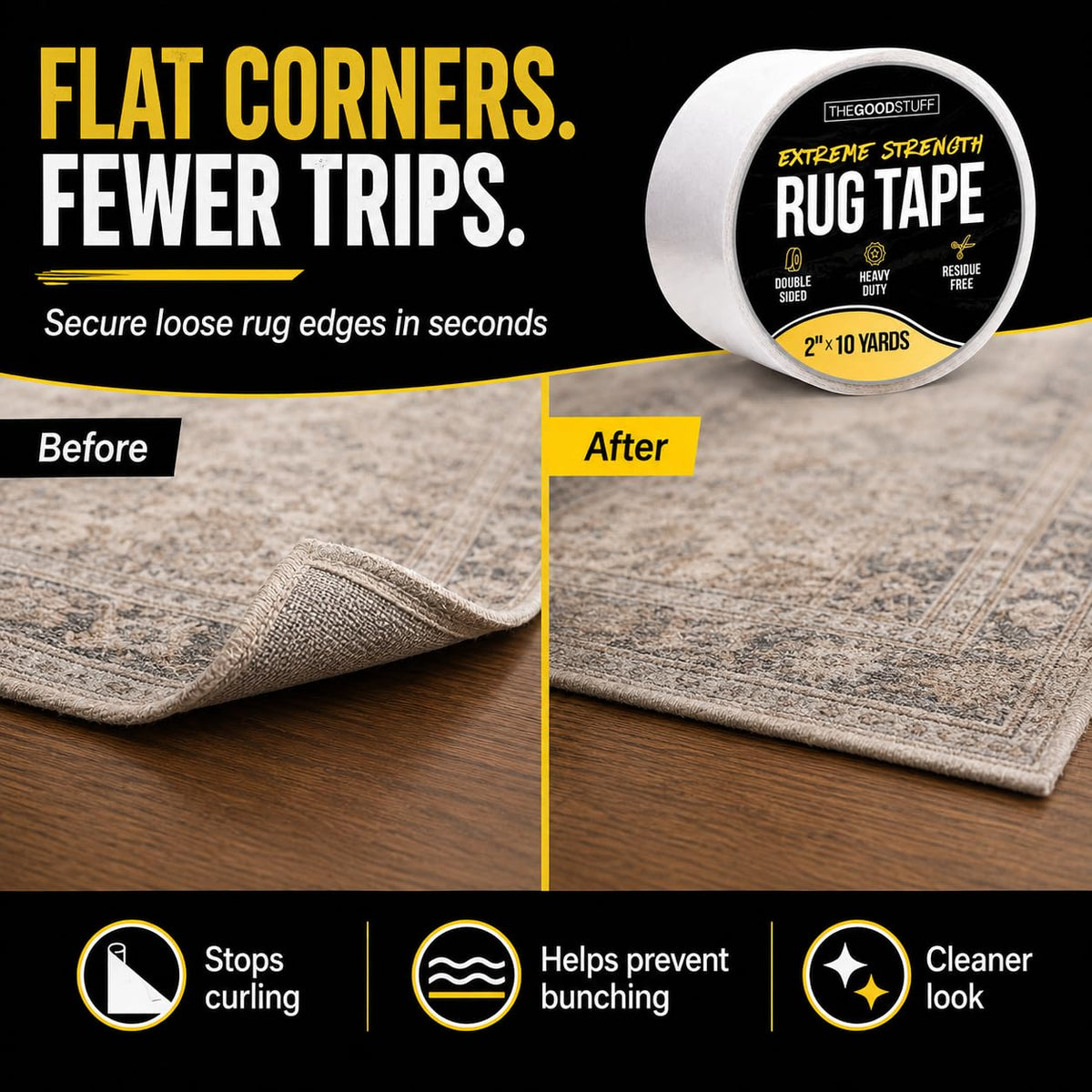 Double Sided Rug Tape [2 Inch x 10 yd] Secure Area Rugs