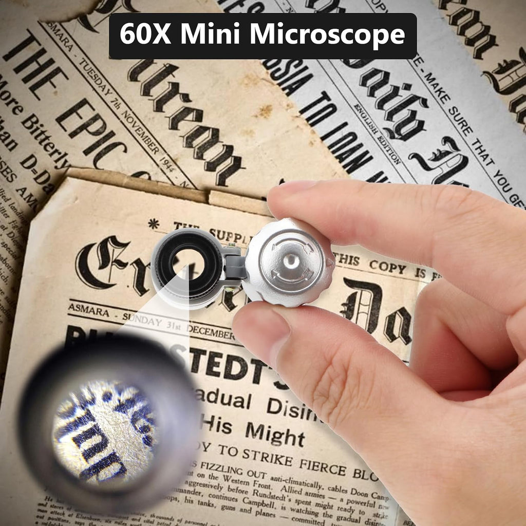 60X Mini Illuminated Microscope Pocket Magnifier Portable Jewelers Loupe | Pocket microscope with led ＆ uv & leather