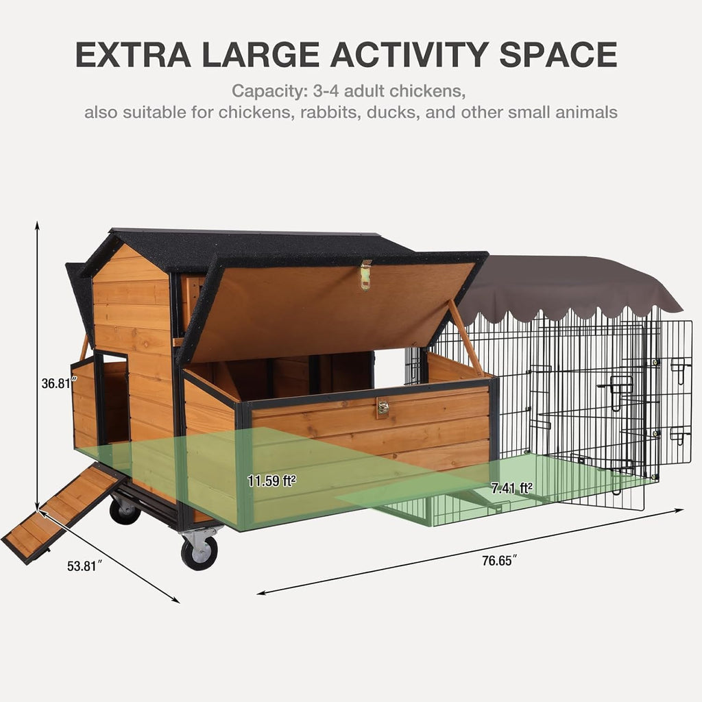 Chicken Coop with Wheels - Spacious 76" Metal Frame Chicken House with 6 Nesting Box and Leakproof Pull-on Tray
