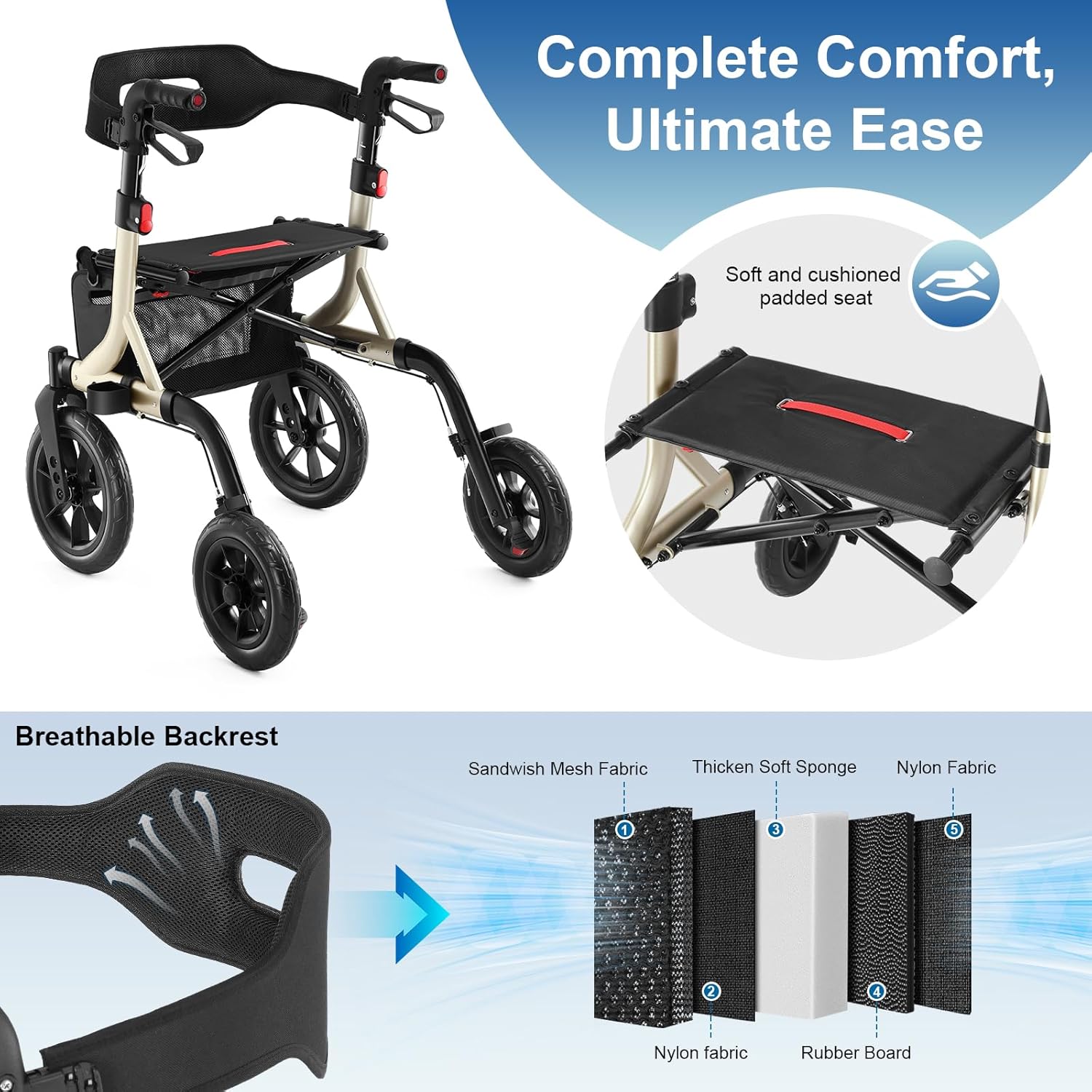 Walkers for Seniors, Rollator Walker with Seat, 12" Big Rubber Wheels All Terrain Rollator Walker with Backrest