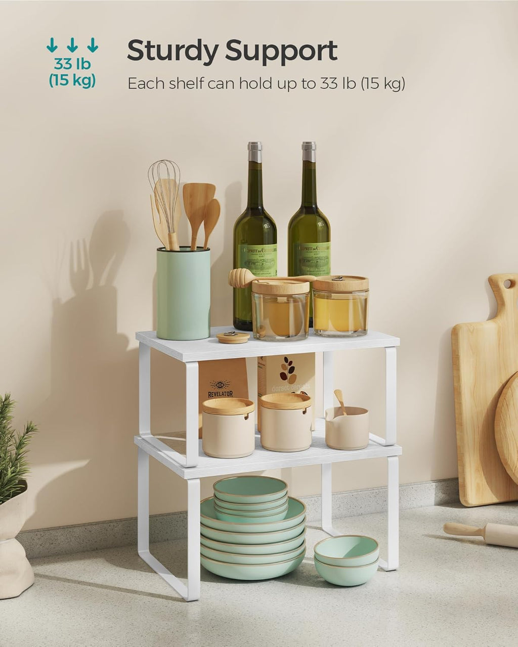 SONGMICS Cabinet Organizer Shelf, Set of 4 Kitchen Counter Shelves, Kitchen Storage, Spice Rack, Stackable